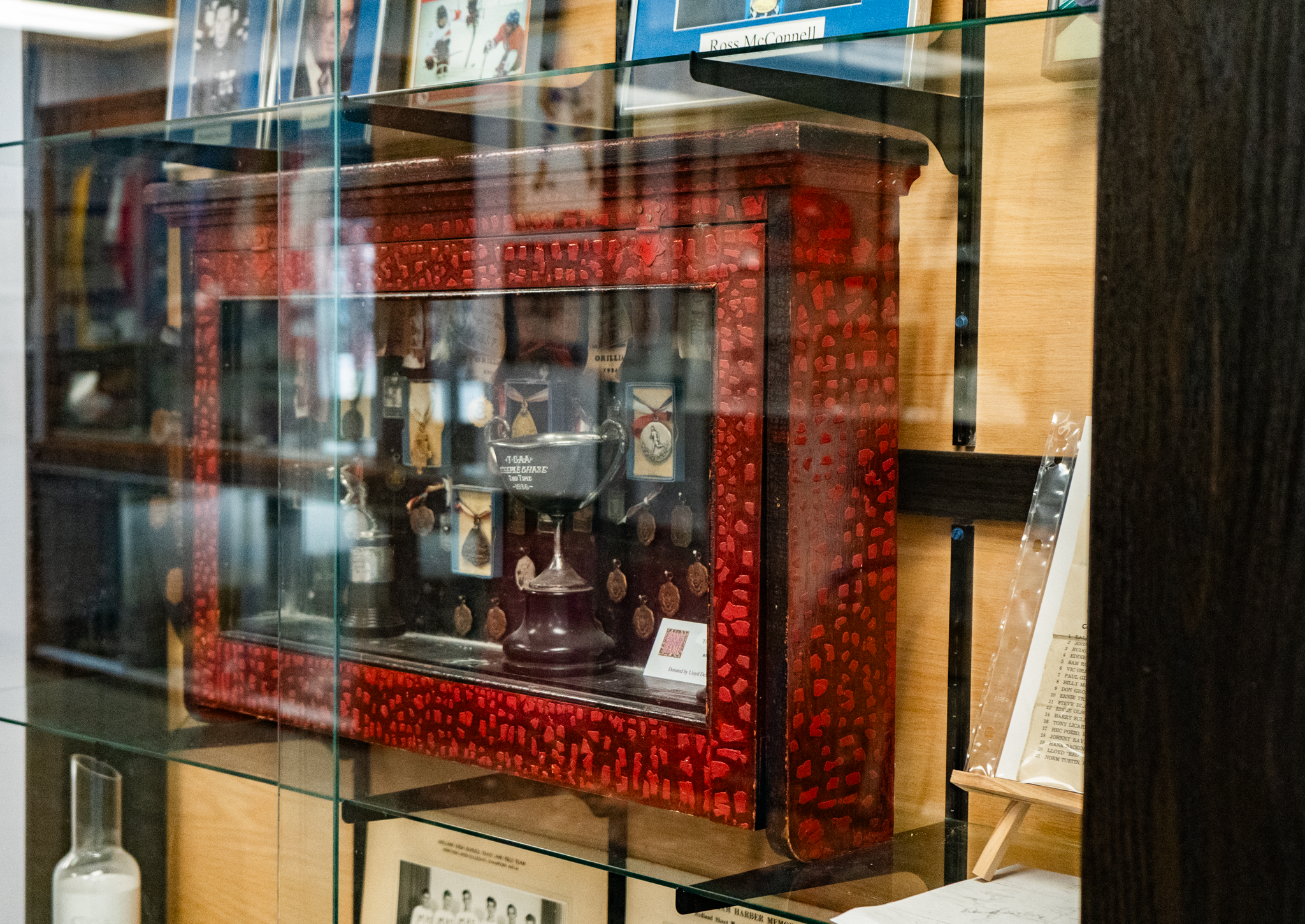 medals and trophy in case