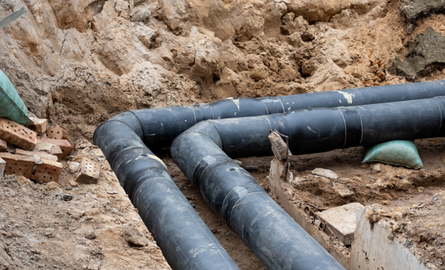 Pipes running through exposed dirt