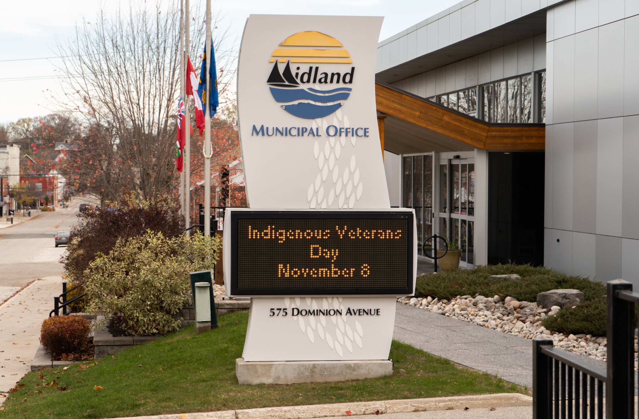 Lowered flags at Midland Town Hall
