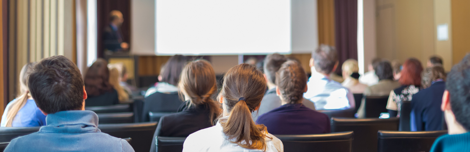 Photo of people meeting and watching a speaker