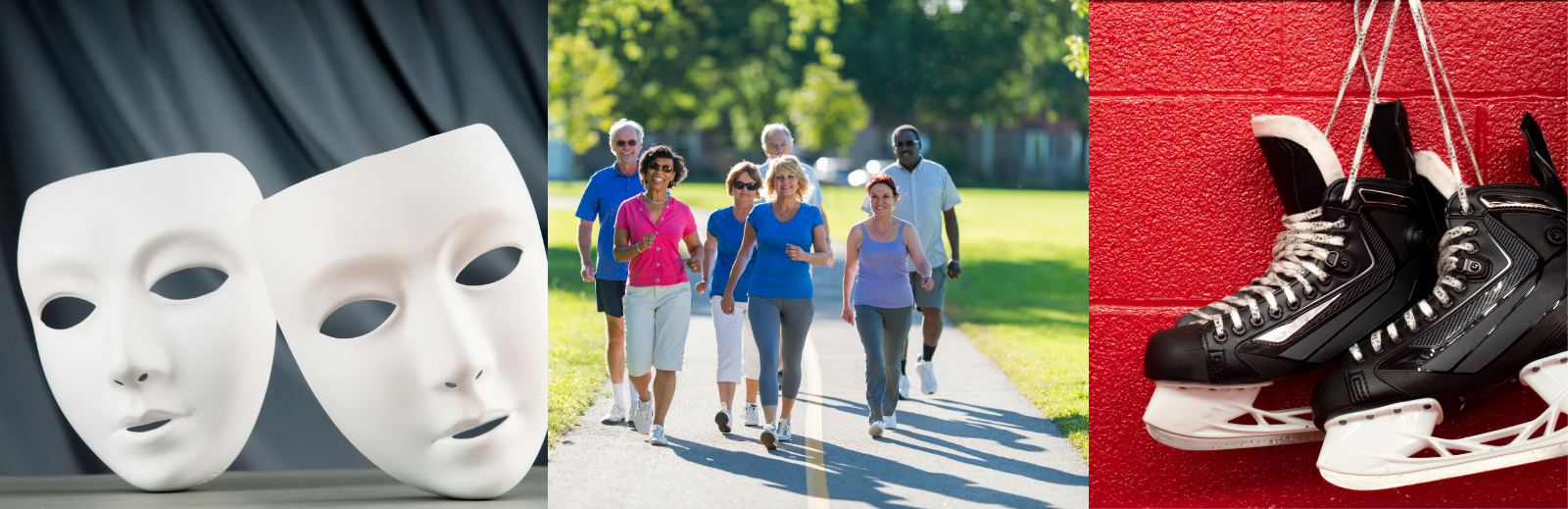 Theatre masks, seniors walking and hockey skates