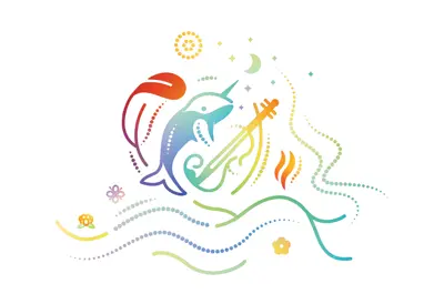 An image featuring intertwined illustrated symbols representing First Nations, Inuit and Métis: a feather, a narwhal and a fiddle, rendered in a flowing rainbow gradient. Surrounding these central symbols are decorative elements representing other aspects of First Nations, Inuit and Métis cultures.