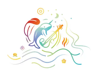 An image featuring intertwined illustrated symbols representing First Nations, Inuit and Métis: a feather, a narwhal and a fiddle, rendered in a flowing rainbow gradient. Surrounding these central symbols are decorative elements representing other aspects of First Nations, Inuit and Métis cultures.
