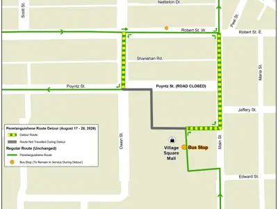A map showing a temporary Midland-Penetanguishene Transit detour from August 17 to 28, 2026, due to the closure of Poyntz Street. The detour route is highlighted in yellow and green around Robert Street, Main Street, and Village Square Mall, with one bus stop remaining in service and the closed section of the regular route shown in gray.