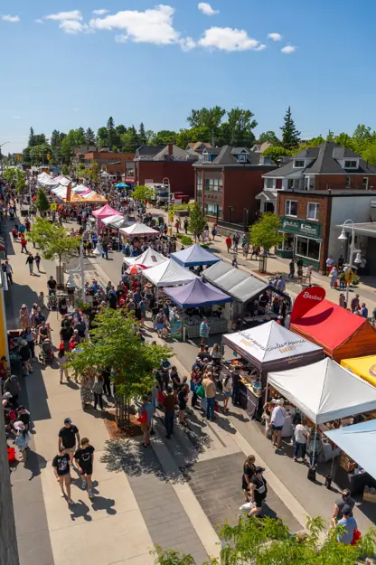 A busy downtown street festival with crowds of people browsing vendor tents lined along the road. Colourful canopies, food stalls, and local businesses fill the scene under a sunny sky.