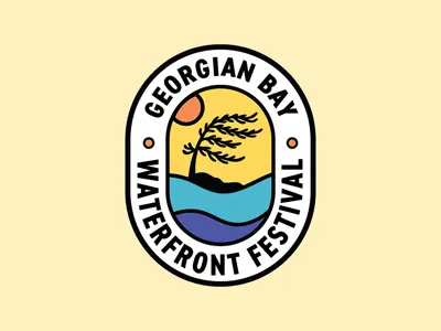 A logo for the Georgian Bay Waterfront Festival featuring a stylized waterfront scene with blue waves, a windswept tree, and a setting sun inside an oval emblem. The text “Georgian Bay Waterfront Festival” surrounds the illustration on a light beige background.