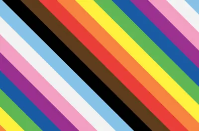 Diagonal stripes in bright colours form a Pride flag-style background, including multiple bands such as red, orange, yellow, green, blue, purple, and additional colours. 