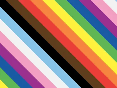 Diagonal stripes in bright colours form a Pride flag-style background, including multiple bands such as red, orange, yellow, green, blue, purple, and additional colours. 